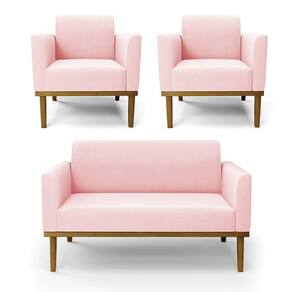 Conjunto 2 Poltronas E 1 Namoradeira Decorativa Pés Fixo Em Madeira Castanho Suede Rosa Bebê