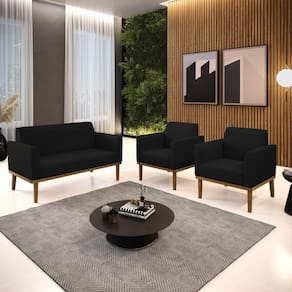 Conjunto 2 Poltronas E 1 Namoradeira Decorativa Pés Fixo Em Madeira Castanho Linho Preto