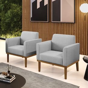 Kit 2 Poltronas Decorativas Pés Fixo Em Madeira Castanho Linho Cinza