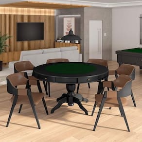 Conjunto Mesa De Jogos Carteado Tampo Reversível E 6 Cadeiras Madeira Poker Pu Caramelo-preto