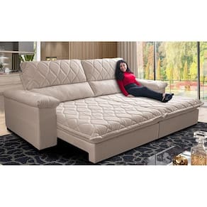 Sofá Retrátil E Reclinável 2,75m Molas Ensacadas Cama Inbox Big Home Bordado 3d Linho Bege Claro