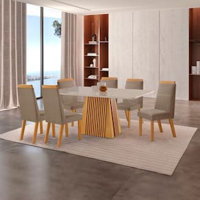 Conjunto de Jantar Mesa Áustria 160cmx80cm Tampo Mdf/vidro com 6 Cadeiras Catar Yescasa Castanho Cinamomo / Capuccino / Off White