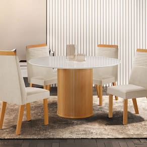 Conjunto de Jantar Mesa Dara 1,10 X 1,10 Tampo Mdf/vidro com 4 Cadeiras Catar Castanho Cinamomo/Creme/Off White