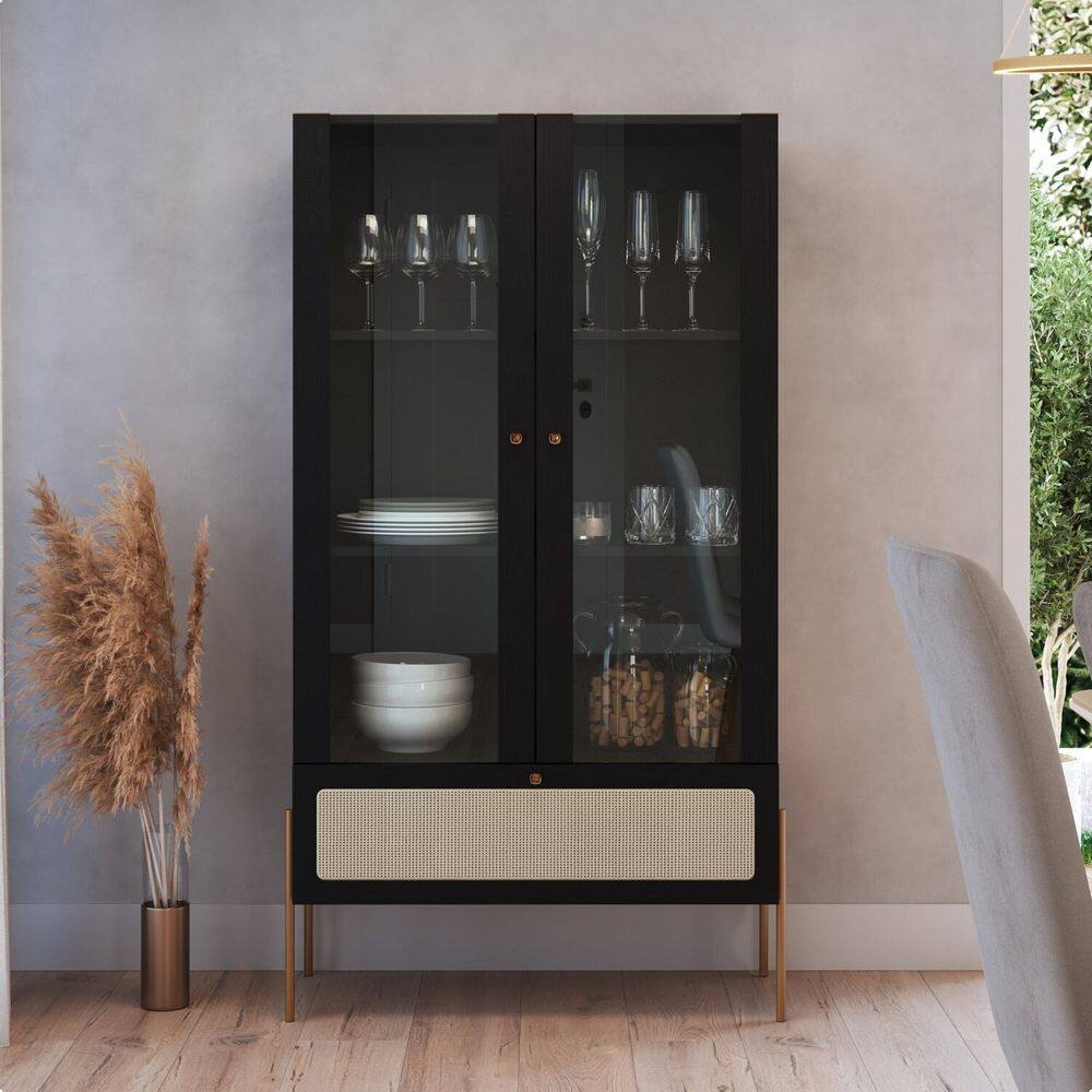 Cristaleira 2 Portas Vidro 1 Gaveta 83cm Palhinha Pé Metal Nero Nero/Dourado
