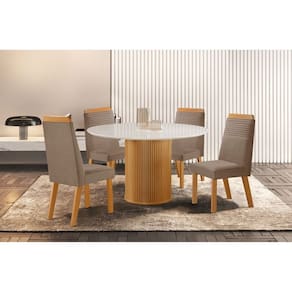 Conjunto de Jantar Mesa Dara 1,10 X 1,10 Tampo Mdf/vidro com 4 Cadeiras Catar Castanho Cinamomo / Capuccino / Off White