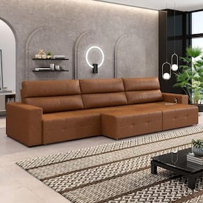 Sofá Retrátil 6 Lugares 404cm 3 Módulos Nero Com Usb Couro Manchado Claro G52 - Gran Belo