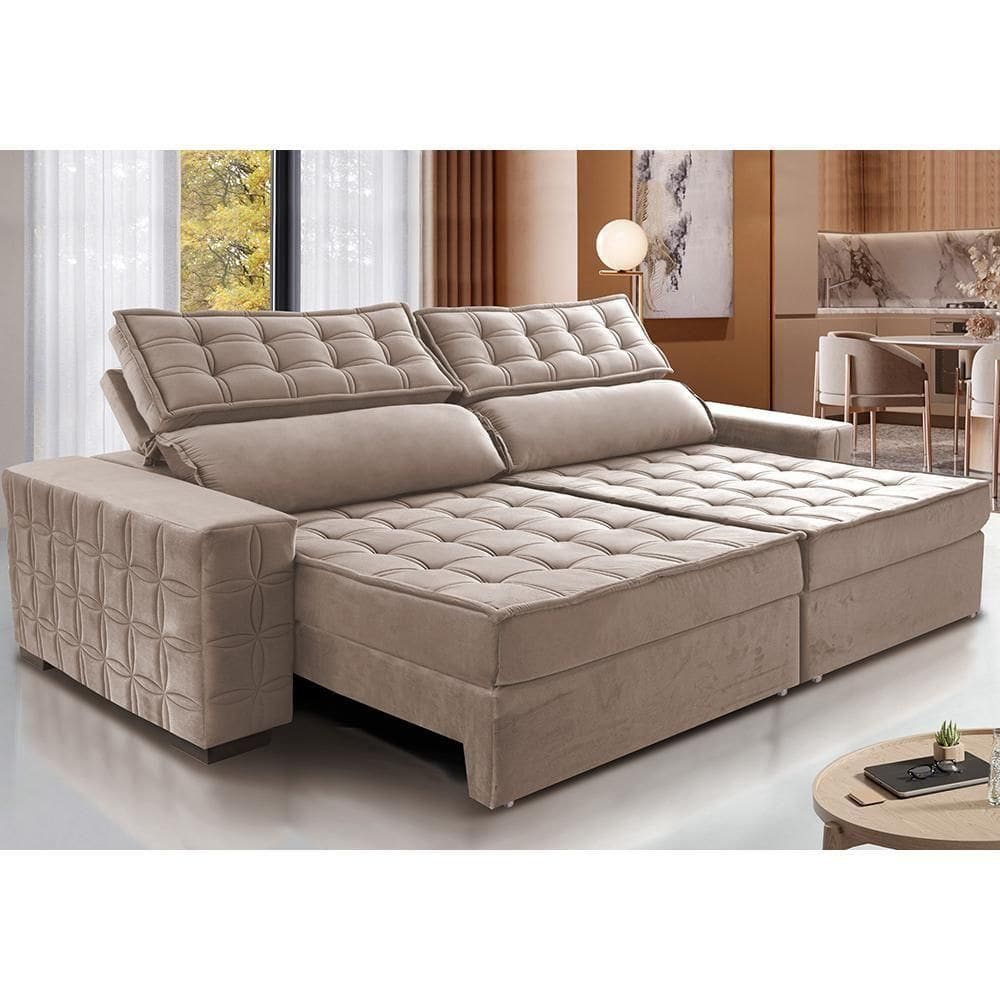 Sofá Retrátil E Reclinável 2,75M Cama Inbox Big Star Com Softgel D40 Velupluma Bege