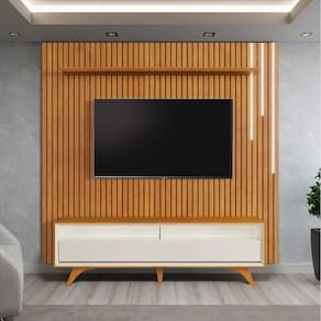 Painel Com Rack Ripado E Prateleira Led Cascata Paris 75" Cor:nature/off