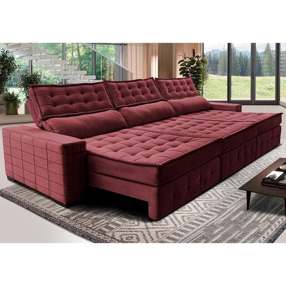 Sofá Retrátil E Reclinável 3,55M Cama Inbox Big Puffer Com Softgel D40 Velupluma Vinho
