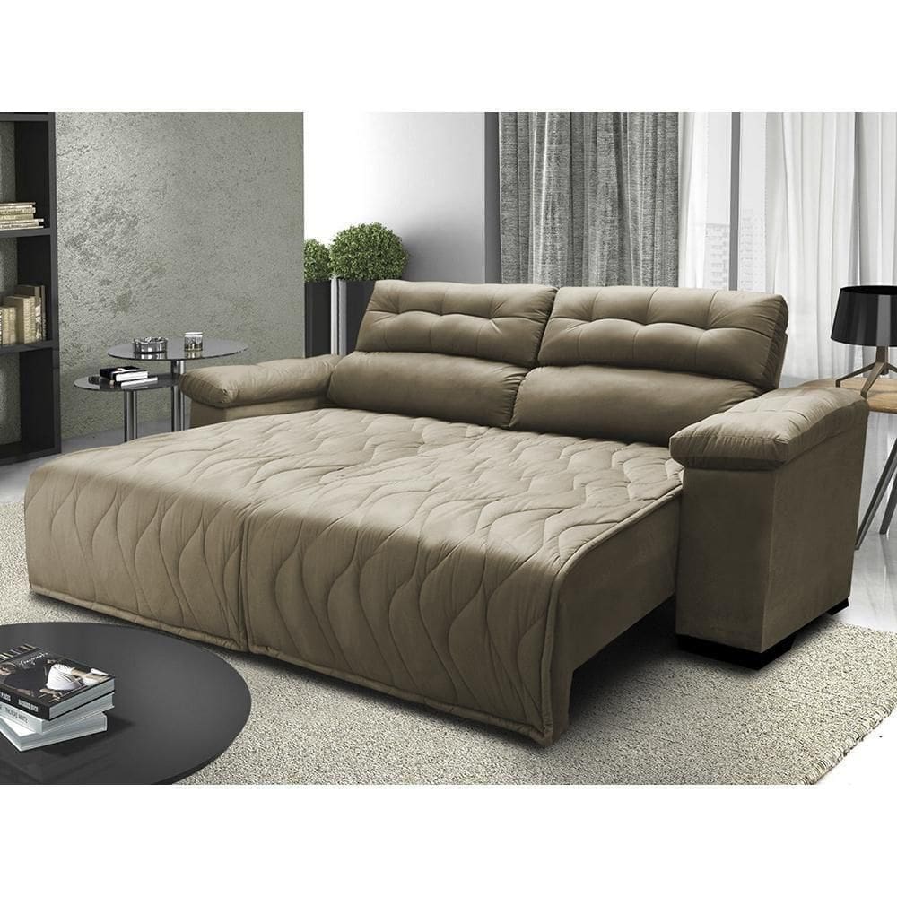 Sofá 2,02m Retrátil E Reclinável Com Molas Cama Inbox Top Tecido Suede Velusoft Castor