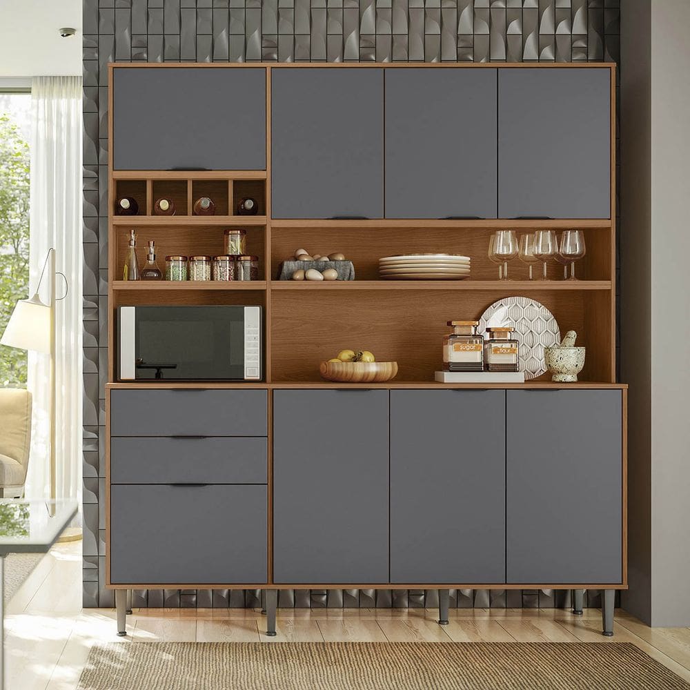 Armário Cozinha Compacta Viena Jequitibá/Cinza Fosco 8 portas 2 Gavetas Adega para 4 Garrafas e Pés - Lukaliam