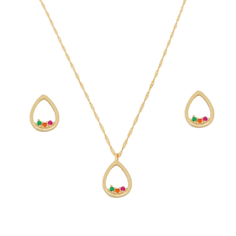 Conjunto Gota Vazada e Zircônias Colors Banhado a Ouro