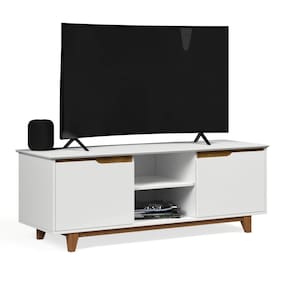 Rack Bancada Flow para Tv 146 cm 2 Portas com Pés de Madeira Branco com Freijó - Rede Móveis