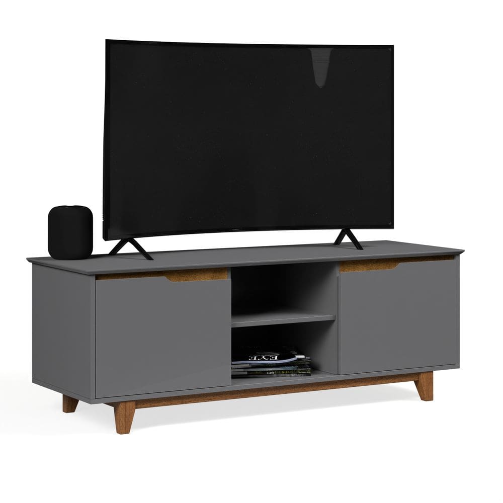 Rack Bancada Flow para Tv 146 cm 2 Portas com Pés de Madeira Cinza com Freijó - Rede Móveis