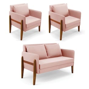 Kit 1 Sofá Namoradeira E 2 Poltronas Lana Veludo Base De Madeira - D`rossi Cor Rose