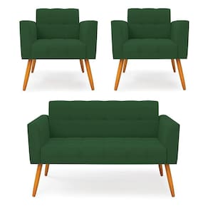 Kit 1 Sofá Namoradeira E 2 Poltronas Elisa Veludo Pés Palito Castanho - D`rossi Cor Verde