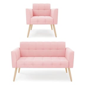 Kit 1 Sofá Namoradeira E 1 Poltrona Elisa Suede Rosa Bebê Pés Palito Natural - D`rossi
