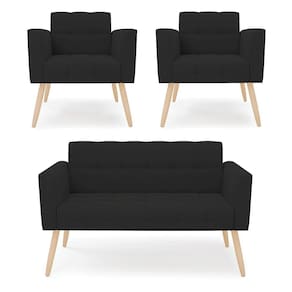 Kit 1 Sofá Namoradeira E 2 Poltronas Elisa Veludo Preto Pés Palito Natural - D`rossi