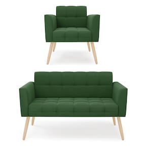 Kit 1 Sofá Namoradeira E 1 Poltrona Elisa Suede Verde Pés Palito Natural - D`rossi