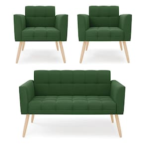Kit 1 Sofá Namoradeira E 2 Poltronas Elisa Suede Pés Palito Natural - D`rossi Cor Verde