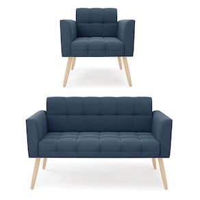 Kit 1 Sofá Namoradeira E 1 Poltrona Elisa Suede Pés Palito Natural - D`rossi Cor Azul Marinho