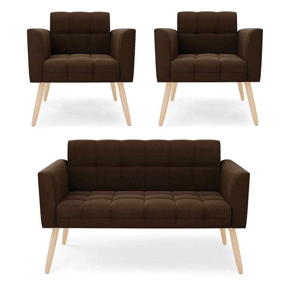 Kit 1 Sofá Namoradeira E 2 Poltronas Elisa Suede Marrom Pés Palito Natural - D`rossi