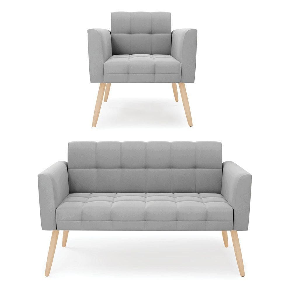 Kit 1 Sofá Namoradeira E 1 Poltrona Elisa Suede Pés Palito Natural - D`rossi Cor Cinza