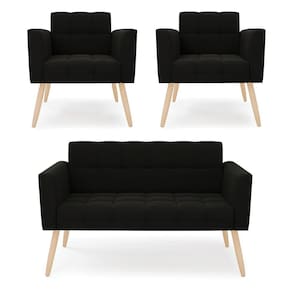 Kit 1 Sofá Namoradeira E 2 Poltronas Elisa Suede Pés Palito Natural - D`rossi Cor Preto