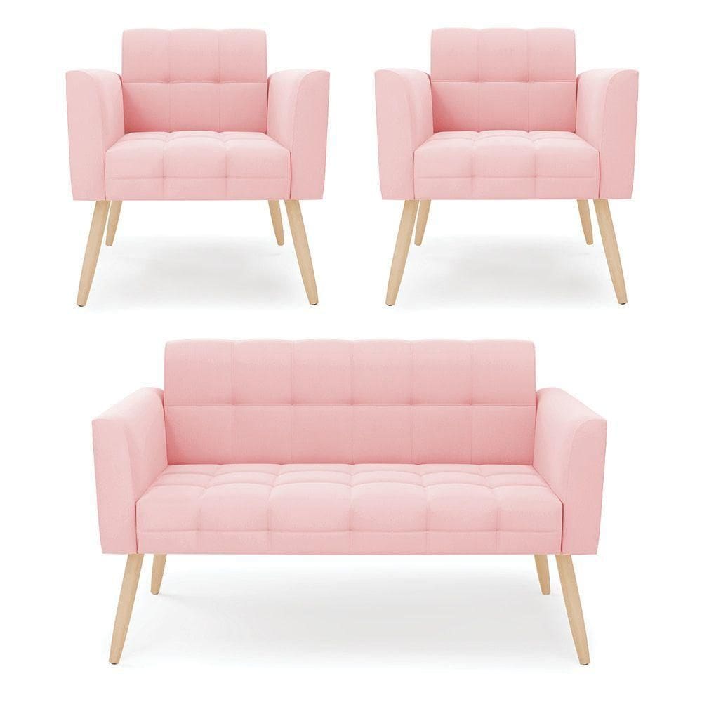 Kit 1 Sofá Namoradeira E 2 Poltronas Elisa Suede Rosa Bebê Pés Palito Natural - D`rossi