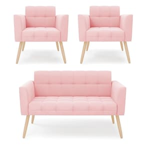 Kit 1 Sofá Namoradeira E 2 Poltronas Elisa Suede Rosa Bebê Pés Palito Natural - D`rossi
