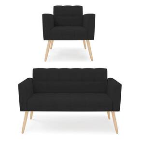 Kit 1 Sofá Namoradeira E 1 Poltrona Elisa Veludo Pés Palito Natural - D`rossi Cor Preto