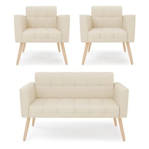 Kit 1 Sofá Namoradeira E 2 Poltronas Elisa Linho Pés Palito Natural - D`rossi Cor A19 Bege