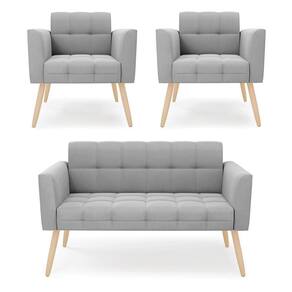 Kit 1 Sofá Namoradeira E 2 Poltronas Elisa Suede Pés Palito Natural - D`rossi Cor Cinza