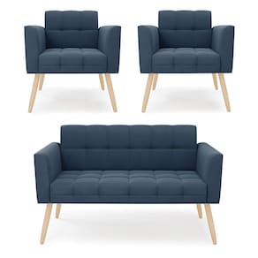 Kit 1 Sofá Namoradeira E 2 Poltronas Elisa Suede Pés Palito Natural - D`rossi Cor Azul Marinho
