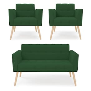 Kit 1 Sofá Namoradeira E 2 Poltronas Elisa Veludo Verde Pés Palito Natural - D`rossi