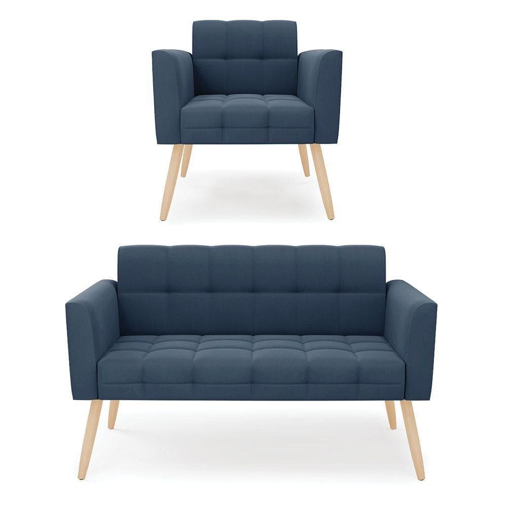 Kit 1 Sofá Namoradeira E 1 Poltrona Elisa Suede Azul Marinho Pés Palito Natural - D`rossi
