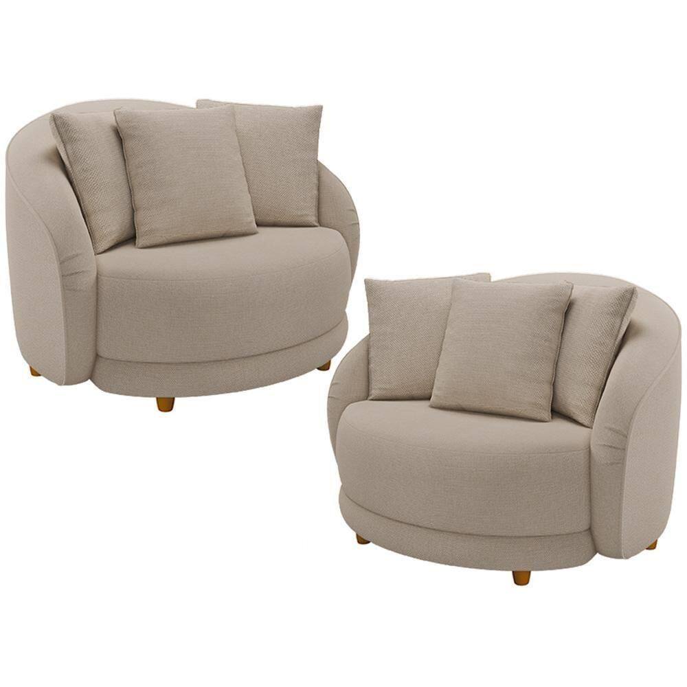 Kit 02 Poltronas Decorativa Sala De Estar Base Fixa De Madeira Witta M03 Linho Cru