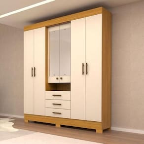 Roupeiro Casal Débora 06 Portas Com Espelho Acp Moveis Nature Com Off White