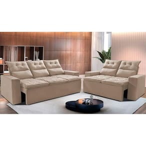 Conjunto De Sofá 3 E 2 Lugares Retrátil E Reclinável 2,00x1,50m Cama Inbox Smal Suede Bege