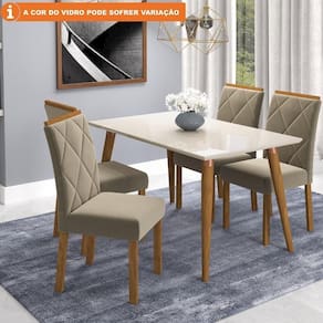 Conj Sala De Jantar 130x80 Tampo Em Mdf-vidro 4 Cadeiras Madeira Off White Joli