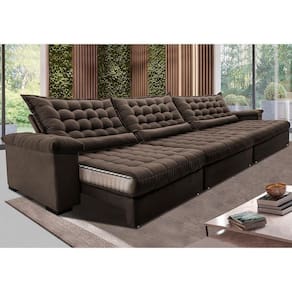 Sofá Retrátil E Reclinável 3,85m Molas Ensacadas Cama Inbox Big Space Com Bordado 3d Velusoft Café