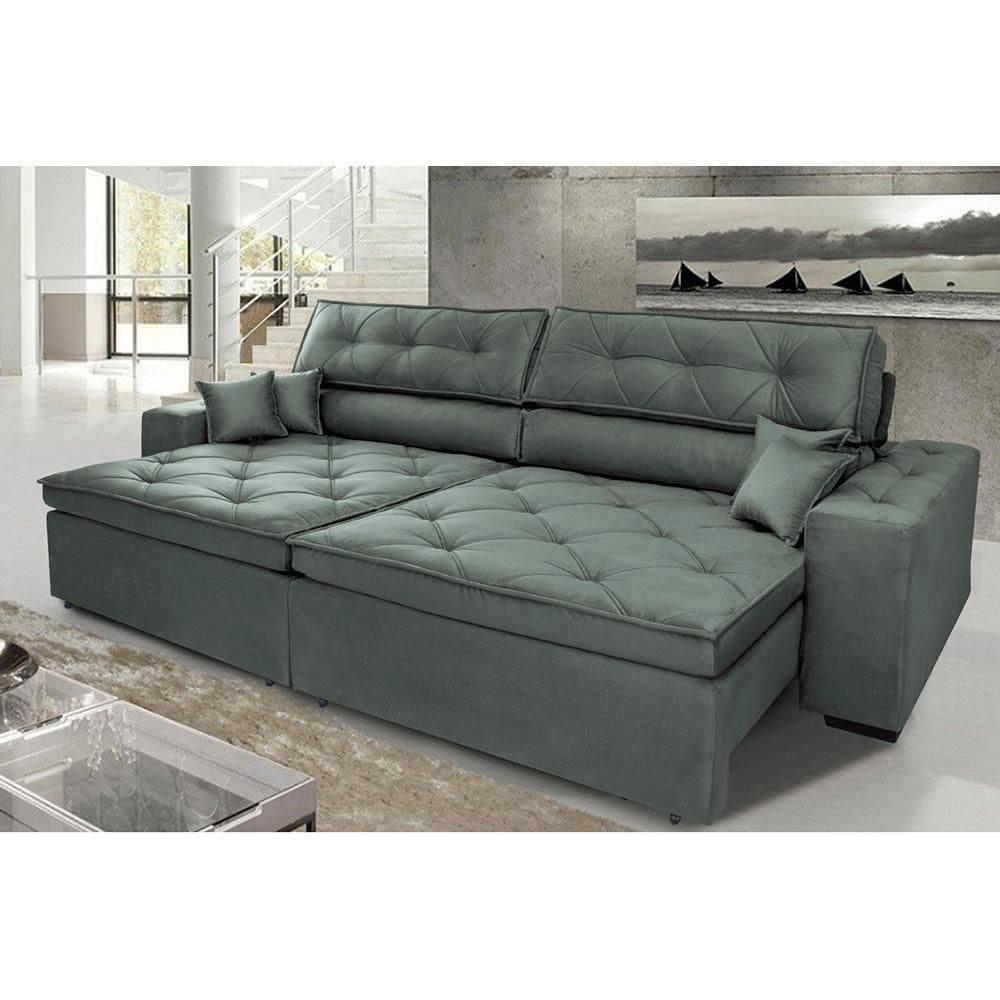 Sofá Austin 2,62m Retrátil, Reclinável Com Molas No Assento E Almofadas, Suede Grafite Cama Inbox