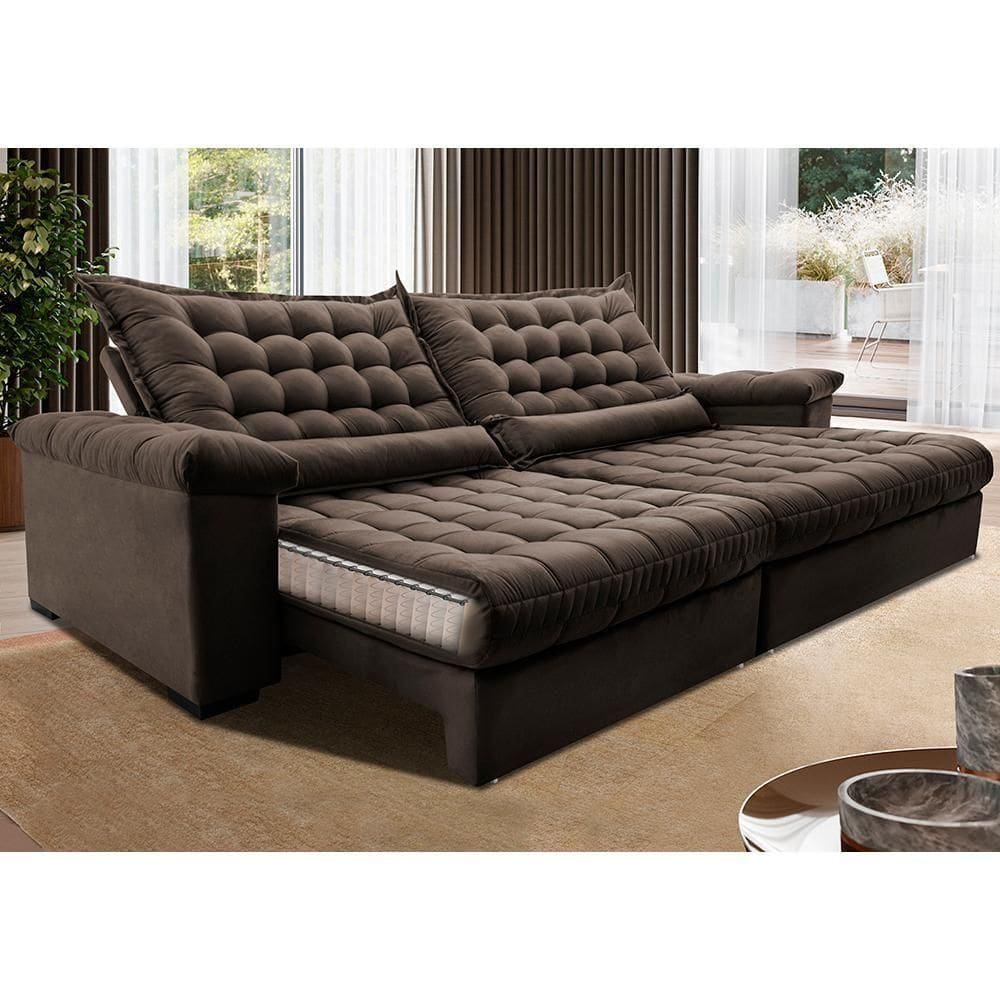 Sofá Retrátil E Reclinável 2,75m Molas Ensacadas Cama Inbox Big Space Com Bordado 3d Velusoft Café