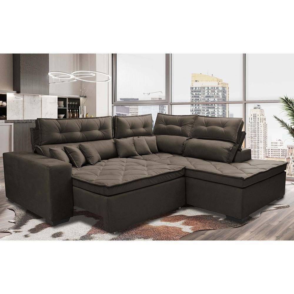 Sofá De Canto 2,60x2,36m Retrátil E Reclinável Com Molas Cama Inbox Platinum Direito Suede Café