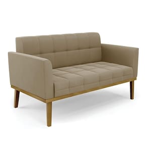 Poltrona Namoradeira Decorativa Pés Fixo Em Madeira Castanho Suede Nude