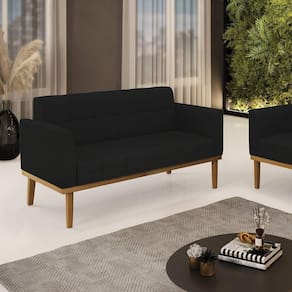 Poltrona Namoradeira Decorativa Pés Fixo Em Madeira Castanho Linho Preto