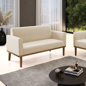 Poltrona Namoradeira Decorativa Pés Fixo Em Madeira Castanho Suede Bege