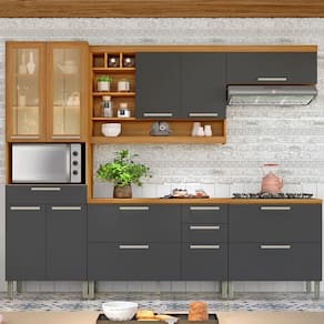 Cozinha 05 pçs Armário Geladeira Em Mdf Freijó Com Grafite