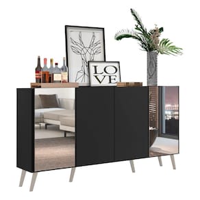 Aparador Buffet com Espelho e Pés Retrô Preto/branco