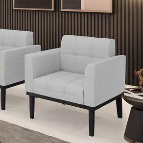 Poltrona Decorativa Pés Fixo Em Madeira Preto Linho Cinza